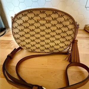 Michael Kors Tan/Brown MK Logo Oval Crossbody with Tassel
